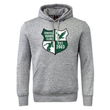The Zionsville Rugby Club Club Hoodie by WRS Canterbury is a gray hoodie with a front pocket and green-and-white crest with "EST. 2003" on the chest—a comfortable, go-to sweatshirt for fans.