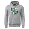 The Zionsville Rugby Club Club Hoodie by WRS Canterbury is a gray hoodie with a front pocket and green-and-white crest with "EST. 2003" on the chest—a comfortable, go-to sweatshirt for fans.
