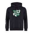 The Zionsville Rugby Club Club Hoodie by WRS Canterbury features a black design, front crest with "Zionsville Rugby Club," bird and player graphics, "Est. 2003" in green and white, plus white stripes on the left sleeve.
