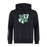 The Zionsville Rugby Club Club Hoodie by WRS Canterbury features a black design, front crest with "Zionsville Rugby Club," bird and player graphics, "Est. 2003" in green and white, plus white stripes on the left sleeve.