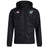 The Zionsville Rugby Club Vaposhield Full Zip Rain Jacket by EMB Canterbury is a black hooded rain jacket with a front zipper, water-resistant VapoShield tech, an EMB Canterbury logo on the right chest, and a green and white shield emblem on the left chest.
