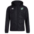 The Zionsville Rugby Club Vaposhield Full Zip Rain Jacket by EMB Canterbury is a black hooded rain jacket with a front zipper, water-resistant VapoShield tech, an EMB Canterbury logo on the right chest, and a green and white shield emblem on the left chest.