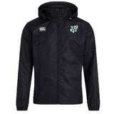 The Zionsville Rugby Club Vaposhield Full Zip Rain Jacket by EMB Canterbury is a black hooded rain jacket with a front zipper, water-resistant VapoShield tech, an EMB Canterbury logo on the right chest, and a green and white shield emblem on the left chest.