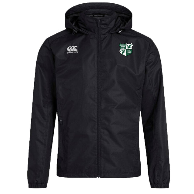The Zionsville Rugby Club Vaposhield Full Zip Rain Jacket by EMB Canterbury is a black hooded rain jacket with a front zipper, water-resistant VapoShield tech, an EMB Canterbury logo on the right chest, and a green and white shield emblem on the left chest.