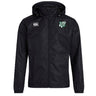 The Zionsville Rugby Club Vaposhield Full Zip Rain Jacket by EMB Canterbury is a black hooded rain jacket with a front zipper, water-resistant VapoShield tech, an EMB Canterbury logo on the right chest, and a green and white shield emblem on the left chest.
