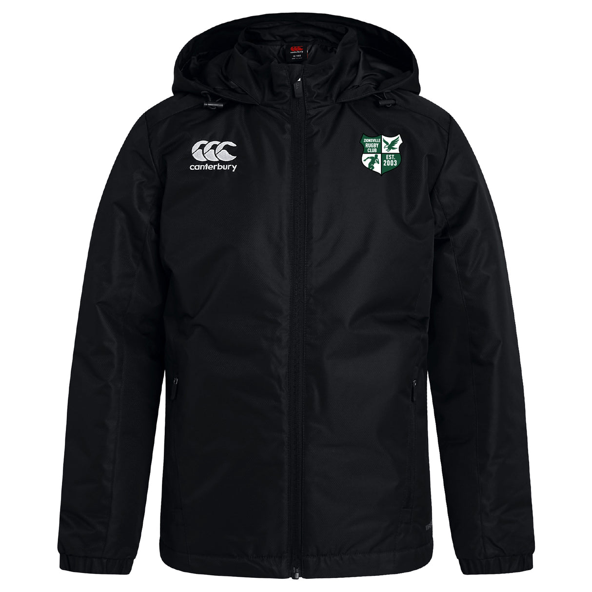 The Zionsville Rugby Club Vaposhield Stadium Jacket by EMB Canterbury is a black, hooded, full-zip jacket with padded insulation, a white Canterbury logo on the right chest, and a green and white crest on the left chest.