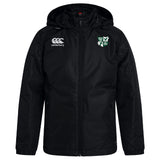 The Zionsville Rugby Club Vaposhield Stadium Jacket by EMB Canterbury is a black, hooded, full-zip jacket with padded insulation, a white Canterbury logo on the right chest, and a green and white crest on the left chest.