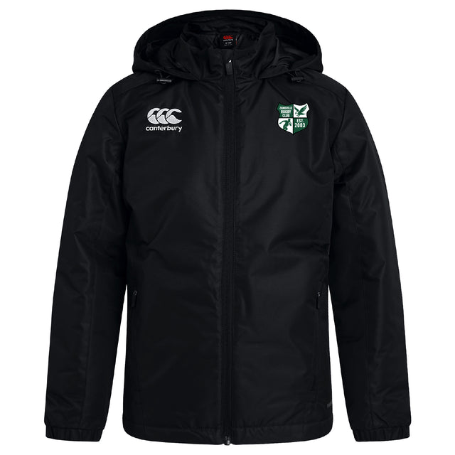 The Zionsville Rugby Club Vaposhield Stadium Jacket by EMB Canterbury is a black, hooded, full-zip jacket with padded insulation, a white Canterbury logo on the right chest, and a green and white crest on the left chest.