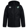 The Zionsville Rugby Club Vaposhield Stadium Jacket by EMB Canterbury is a black, hooded, full-zip jacket with padded insulation, a white Canterbury logo on the right chest, and a green and white crest on the left chest.