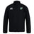 The Zionsville Rugby Club Track Jacket by EMB Canterbury is a black lightweight jacket featuring a high collar, zip front, and two embroidered chest logos: a white Canterbury logo and a green and white shield crest.
