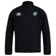 The Zionsville Rugby Club Track Jacket by EMB Canterbury is a black lightweight jacket featuring a high collar, zip front, and two embroidered chest logos: a white Canterbury logo and a green and white shield crest.