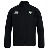 The Zionsville Rugby Club Track Jacket by EMB Canterbury is a black lightweight jacket featuring a high collar, zip front, and two embroidered chest logos: a white Canterbury logo and a green and white shield crest.