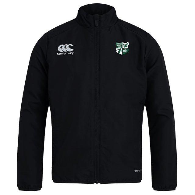The Zionsville Rugby Club Track Jacket by EMB Canterbury is a black lightweight jacket featuring a high collar, zip front, and two embroidered chest logos: a white Canterbury logo and a green and white shield crest.