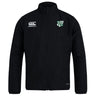 The Zionsville Rugby Club Track Jacket by EMB Canterbury is a black lightweight jacket featuring a high collar, zip front, and two embroidered chest logos: a white Canterbury logo and a green and white shield crest.