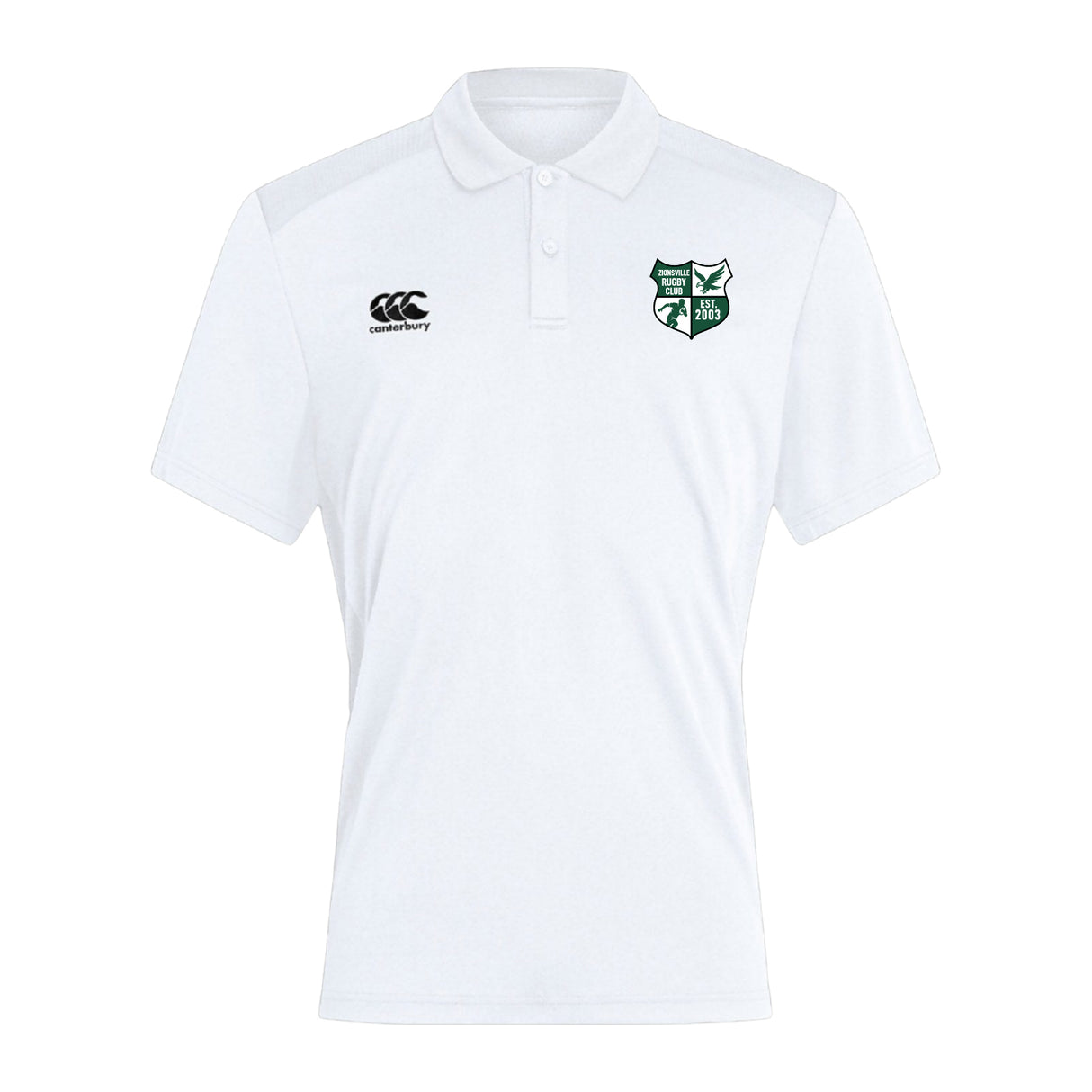 The Zionsville Rugby Club Club Dry Polo by EMB Canterbury features short sleeves, a white design with a green crest on the left chest, black Canterbury logo on the right, and Vapodri Technology for cool, comfortable breathability.