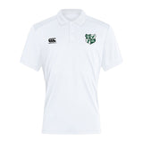 The Zionsville Rugby Club Club Dry Polo by EMB Canterbury features short sleeves, a white design with a green crest on the left chest, black Canterbury logo on the right, and Vapodri Technology for cool, comfortable breathability.