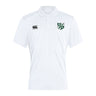 The Zionsville Rugby Club Club Dry Polo by EMB Canterbury features short sleeves, a white design with a green crest on the left chest, black Canterbury logo on the right, and Vapodri Technology for cool, comfortable breathability.