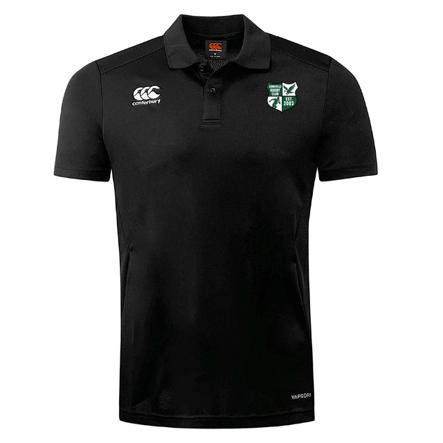 The Zionsville Rugby Club Club Dry Polo by Canterbury features a breathable black design, collar, and Vapodri Technology for cool comfort, with EMB Canterbury branding and club logos on the chest.