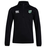The Zionsville Rugby Club 1/4 Zip Mid Layer Training Top by EMB Canterbury is black with a white Canterbury logo on the right chest and a green and white CCC Club crest on the left chest.