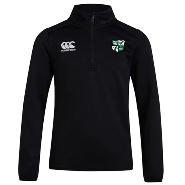 The Zionsville Rugby Club 1/4 Zip Mid Layer Training Top by EMB Canterbury is black with a white Canterbury logo on the right chest and a green and white CCC Club crest on the left chest.