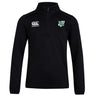 The Zionsville Rugby Club 1/4 Zip Mid Layer Training Top by EMB Canterbury is black with a white Canterbury logo on the right chest and a green and white CCC Club crest on the left chest.