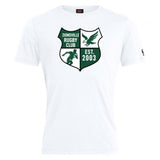 The Zionsville Rugby Club Club Plain Tee by Canterbury features a white cotton blend, green and black crest with an eagle, rugby player, and "EST. 2003" text. Brand: WRS Canterbury.