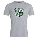 The Zionsville Rugby Club Club Plain Tee by WRS Canterbury is a gray cotton blend shirt with a green and white club crest—featuring an eagle, player, and “EST. 2003”—printed on the chest.