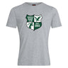 The Zionsville Rugby Club Club Plain Tee by WRS Canterbury is a gray cotton blend shirt with a green and white club crest—featuring an eagle, player, and “EST. 2003”—printed on the chest.