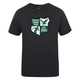 The Zionsville Rugby Club Club Plain Tee by WRS Canterbury is a black cotton-blend shirt with the club crest, bird and rugby player graphic, and "EST. 2003"—a customizable t-shirt ideal for fans.