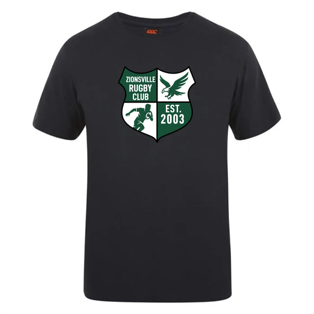 The Zionsville Rugby Club Club Plain Tee by WRS Canterbury is a black cotton-blend shirt with the club crest, bird and rugby player graphic, and "EST. 2003"—a customizable t-shirt ideal for fans.