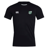 The Zionsville Rugby Club Club Dry Tee by Canterbury is a black short-sleeve jersey with a white Canterbury logo on the right chest, a green and white crest on the left, and Vapodri Technology for breathable comfort. Brand: EMB Canterbury.