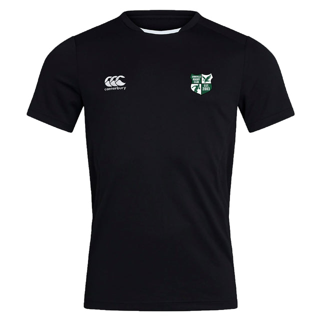 The Zionsville Rugby Club Club Dry Tee by Canterbury is a black short-sleeve jersey with a white Canterbury logo on the right chest, a green and white crest on the left, and Vapodri Technology for breathable comfort. Brand: EMB Canterbury.
