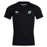 The Zionsville Rugby Club Club Dry Tee by Canterbury is a black short-sleeve jersey with a white Canterbury logo on the right chest, a green and white crest on the left, and Vapodri Technology for breathable comfort. Brand: EMB Canterbury.