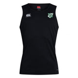 The Zionsville Rugby Club Club Dry Singlet by EMB Canterbury is a black sleeveless tank with Vapodri Technology, featuring a white Canterbury logo on the right chest and a green and white shield on the left—perfect for workouts.
