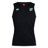 The Zionsville Rugby Club Club Dry Singlet by EMB Canterbury is a black sleeveless tank with Vapodri Technology, featuring a white Canterbury logo on the right chest and a green and white shield on the left—perfect for workouts.