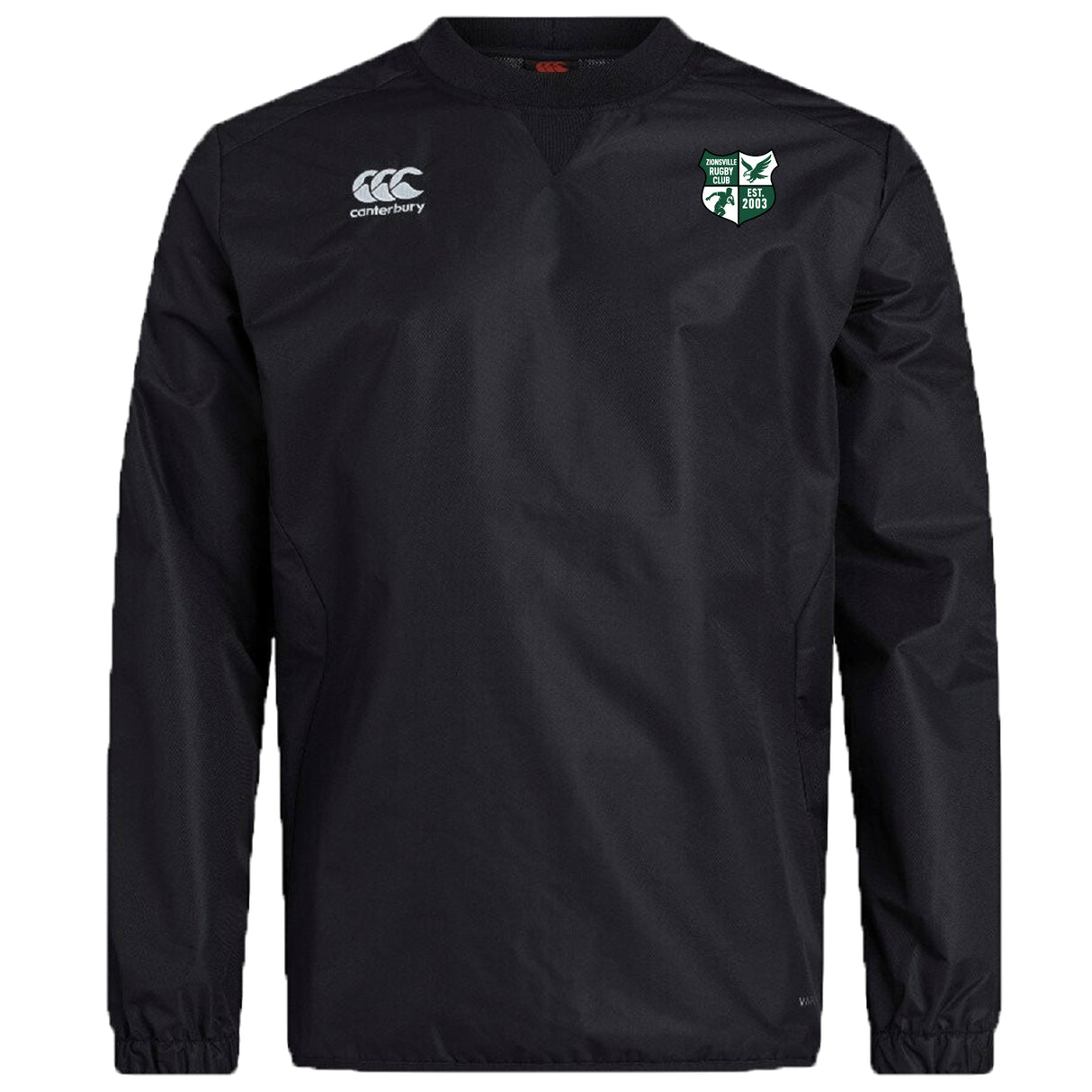 The Zionsville Rugby Club Vaposhield Contact Top by EMB Canterbury is a black long-sleeve top featuring the Canterbury logo on the right chest and a green and white club crest on the left, ideal for training sessions.