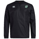 The Zionsville Rugby Club Vaposhield Contact Top by EMB Canterbury is a black long-sleeve top featuring the Canterbury logo on the right chest and a green and white club crest on the left, ideal for training sessions.