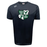 Stay cool and show team pride in the Zionsville Rugby Club Tempo Vapodri T-Shirt by WRS Canterbury, featuring the club's green and white shield (est. 2003), eagle, and rugby player graphics on a moisture-wicking black tee.