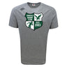 The Zionsville Rugby Club Tempo Vapodri T-Shirt by WRS Canterbury is a gray performance tee with a large club logo featuring an eagle, rugby player silhouette, and "Est. 2003" printed on the front.