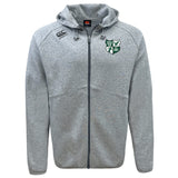 The Zionsville Rugby Club Tempo Vapodri Full-Zip Hoodie by EMB Canterbury features a moisture-wicking design, zip-up front, hood, two pockets, green and white crest on the left chest, and black and white Canterbury logo on the right.