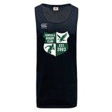 The Zionsville Rugby Club Tempo Vapodri Singlet by WRS Canterbury is a black recycled polyester jersey featuring the Canterbury logo and a green and white Zionsville crest with "Est. 2003" on the chest.