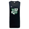 The Zionsville Rugby Club Tempo Vapodri Singlet by WRS Canterbury is a black recycled polyester jersey featuring the Canterbury logo and a green and white Zionsville crest with "Est. 2003" on the chest.