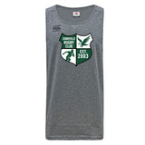 The Zionsville Rugby Club Tempo Vapodri Singlet by WRS Canterbury is a gray recycled polyester athletic tank featuring a green and white club crest with an eagle, lion, and "Est. 2003" on the front.
