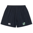The Zionsville Rugby Club Yokohama Short by EMB Canterbury features an elastic waistband, Canterbury logo on one leg, and a green and white school crest on the other, offering comfort and durability—ideal custom rugby shorts.