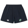 The Zionsville Rugby Club Yokohama Short by EMB Canterbury features an elastic waistband, Canterbury logo on one leg, and a green and white school crest on the other, offering comfort and durability—ideal custom rugby shorts.