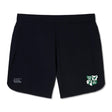 The EMB Canterbury Zionsville Rugby Club Women's Elite Woven Short features a white logo on the left leg, a green and white "EST 2003" badge on the right, and zippered pockets—ideal for gym sessions.