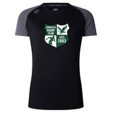 The Zionsville Rugby Club Women’s Elite Training Tee by WRS Canterbury is a black and gray short-sleeve top with the club crest, bird, rugby player, and “EST. 2003” in green and white, designed for breathable workouts.