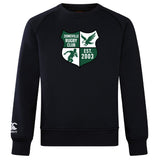 The Zionsville Rugby Club Club Crew Sweatshirt by Canterbury, from WRS Canterbury, features the club crest with a rugby player, eagle, "EST. 2003" in green/white, and an embroidered CCC logo on the sleeve.