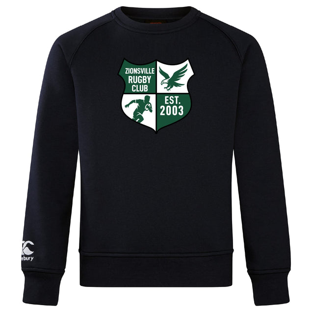 The Zionsville Rugby Club Club Crew Sweatshirt by Canterbury, from WRS Canterbury, features the club crest with a rugby player, eagle, "EST. 2003" in green/white, and an embroidered CCC logo on the sleeve.