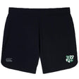 The Zionsville Rugby Club Elite Woven Short by EMB Canterbury features a white Canterbury logo on the left leg, zippered pockets, and a green and white rugby club crest with "ESTB 2003" on the right leg.